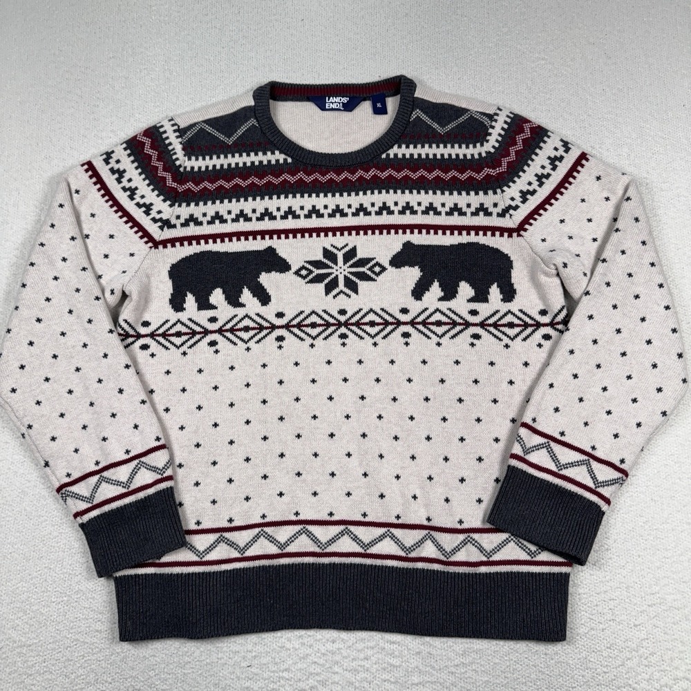 Lands End Sweater Mens XL Ivory Fair Isle Polar‎ Bears Winter Crew Neck Pullover